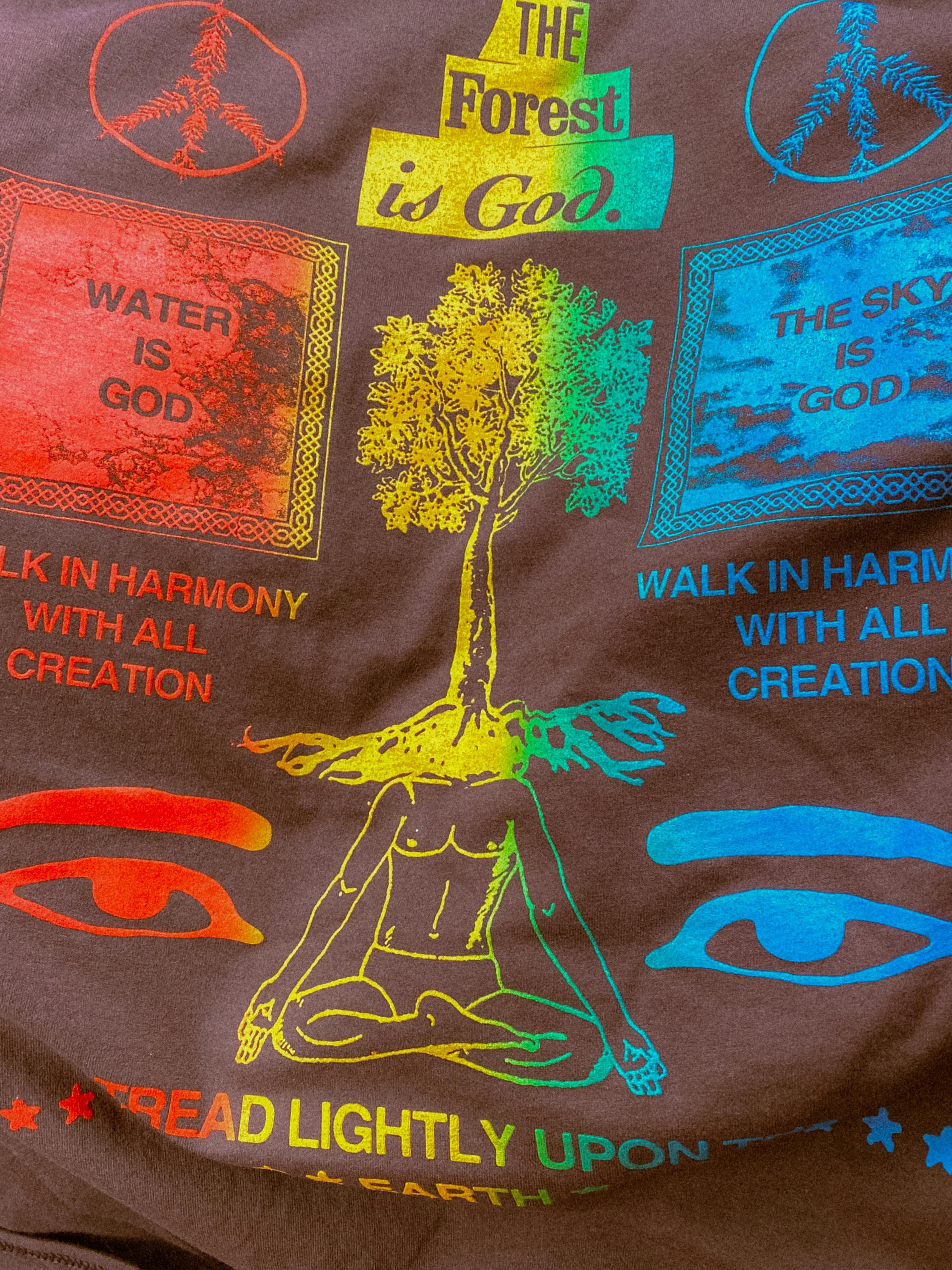 A brown t-shirt with a gradient design of red,yellow,green, and blue. Text on the shirt reads "The forest is god, water is god, the sky is god, walk in harmony with all creation. Tread lightly upon the earth"