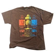 Load image into Gallery viewer, A brown t shirt with a design printed in a gradient of red,yellow,green,and blue. The shirt says&quot; The forest is god. walk in harmony with all creation. Tread lightly upon the earth.&quot;
