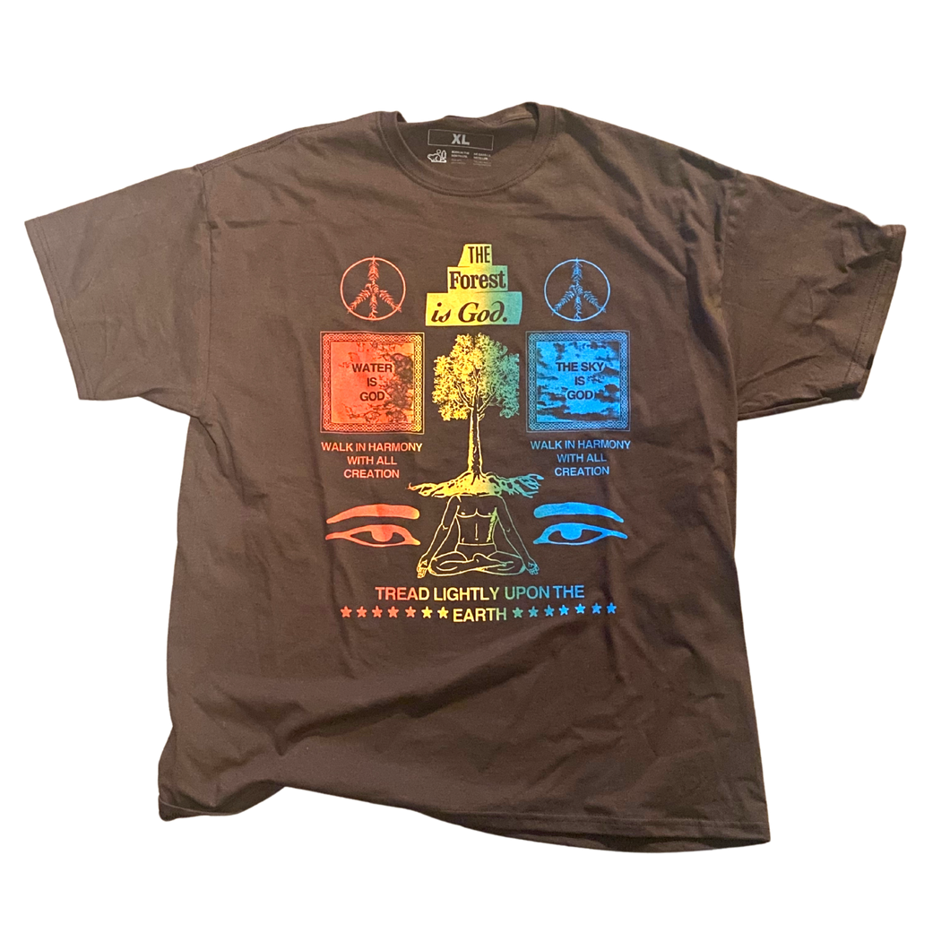 A brown t shirt with a design printed in a gradient of red,yellow,green,and blue. The shirt says
